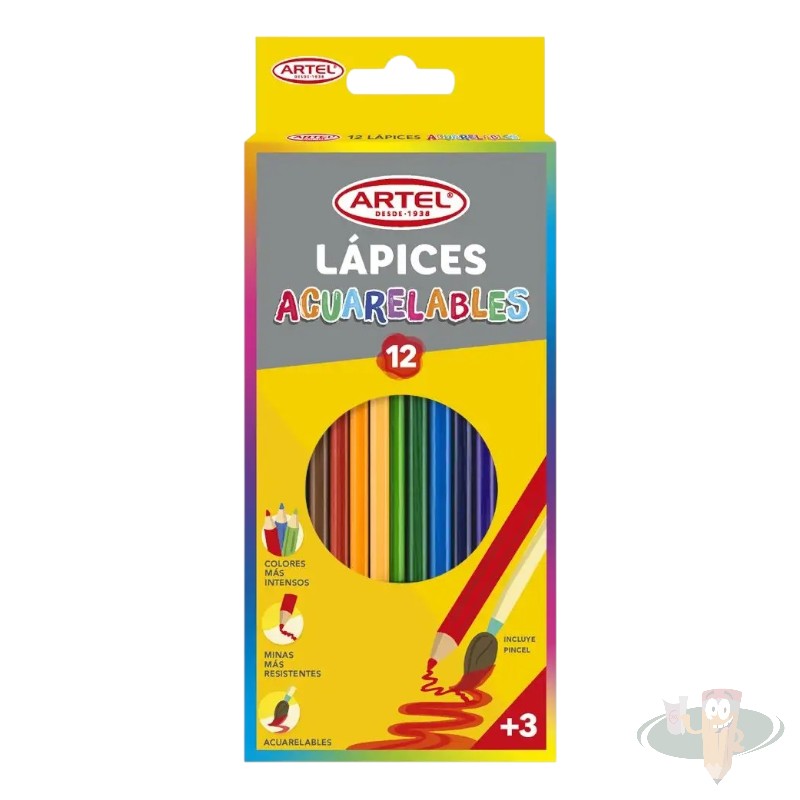 Lápices 12 colores acuarelables + pincel ARTEL