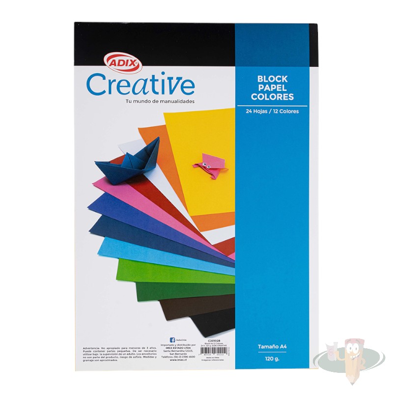 Block papeles 12 colores 24 hojas A4 120g ADIX CREATIVE