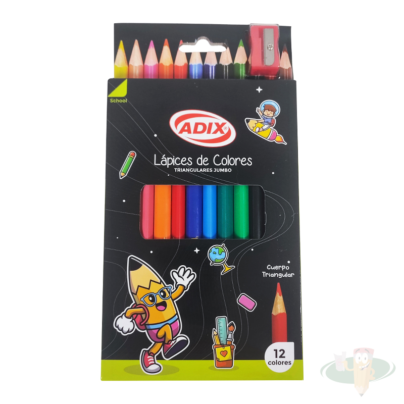 Lápices de madera 12 colores triangulares jumbo + sacapuntas ADIX