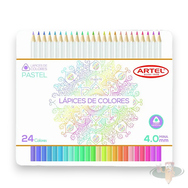 Lápices de 24 colores pasteles triangulares caja metálica ARTEL