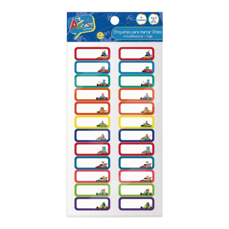 Etiquetas para marcar útiles 4x1,5 cm 24un diseño autos ARTANDCRAFT
